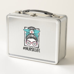 Nurse Life Messy Bun Rainbow Bow Vector Design_1 Metal Lunch Box