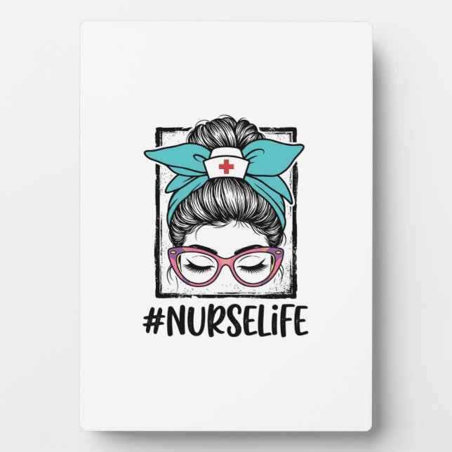 Nurse Life Messy Bun Rainbow Bow Vector Design_1 Plaque (Front)