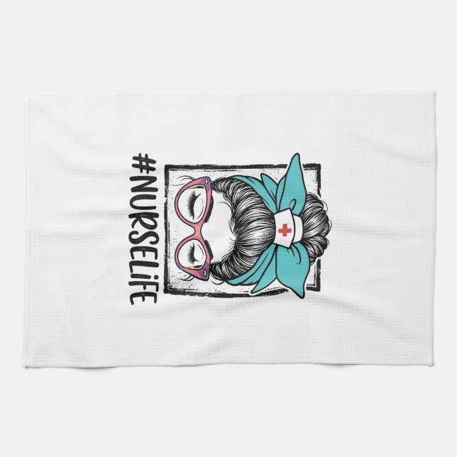 Nurse Life Messy Bun Rainbow Bow Vector Design_1 Tea Towel (Horizontal)