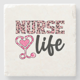 Nurse Life  - Pink and Leopard Print (2) Stone Coaster