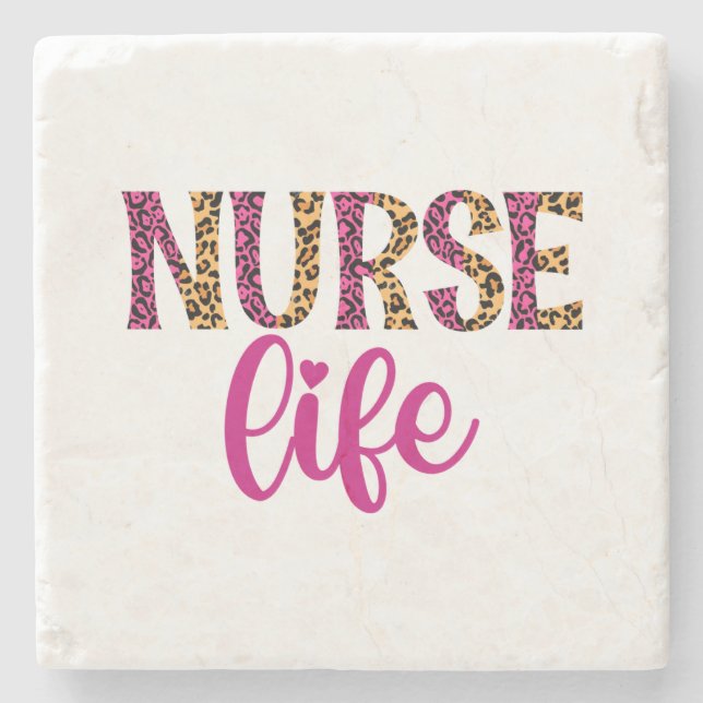 Nurse Life  - Pink and Leopard Print Stone Coaster (Front)