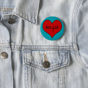 Nurse Life - Red EKG Heart on Bright Blue 6 Cm Round Badge