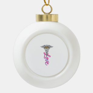 Nurse Love Caduceus Floral Medical Vertical Design Ceramic Ball Christmas Ornament