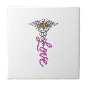 Nurse Love Caduceus Floral Medical Vertical Design Ceramic Tile
