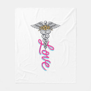 Nurse Love Caduceus Floral Medical Vertical Design Fleece Blanket