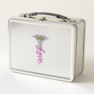 Nurse Love Caduceus Floral Medical Vertical Design Metal Lunch Box