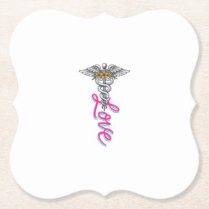 Nurse Love Caduceus Floral Medical Vertical Design Paper Coaster