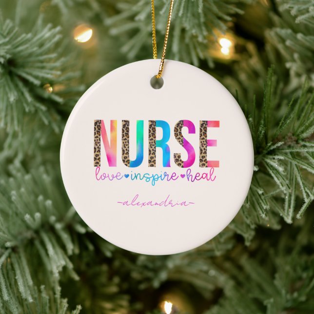 "Nurse - Love, Inspire, Heal" in Rainbow Color Ceramic Ornament (Tree)