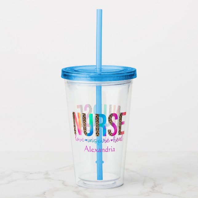 "Nurse - Love, Inspire, Heal" in Rainbow Colour Acrylic Tumbler (Front)