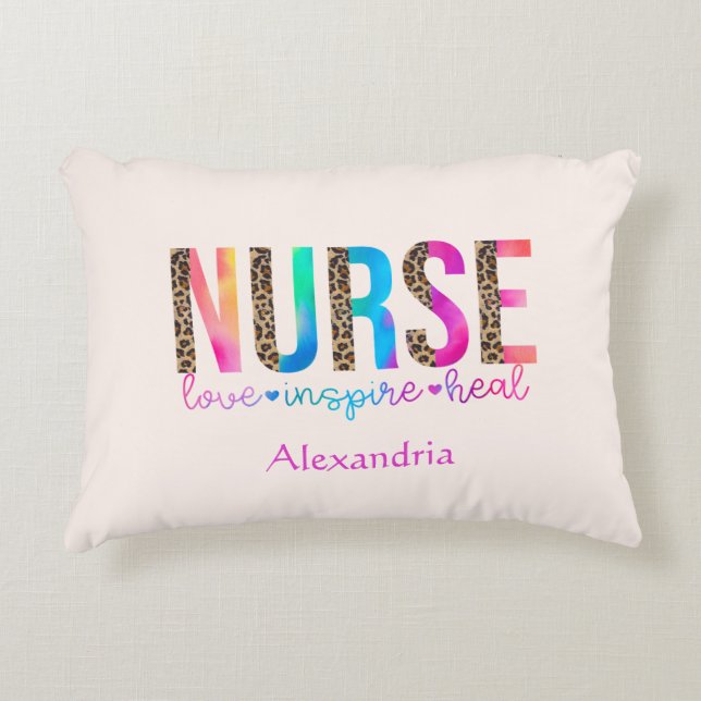 "Nurse - Love, Inspire, Heal" in Rainbow Colour Decorative Cushion (Front)