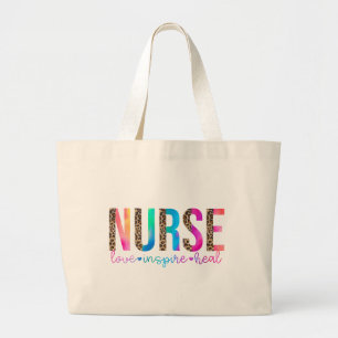 "Nurse - Love, Inspire, Heal" in Rainbow Colour Large Tote Bag