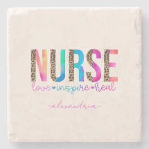 "Nurse - Love, Inspire, Heal" in Rainbow Colour Stone Coaster