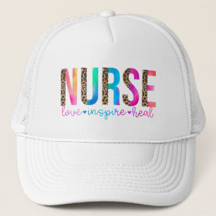 "Nurse - Love, Inspire, Heal" in Rainbow Colour Trucker Hat