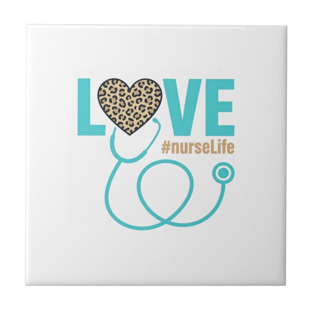 Nurse Love Leopard Stethoscope Vector Design_1 Ceramic Tile (Front)