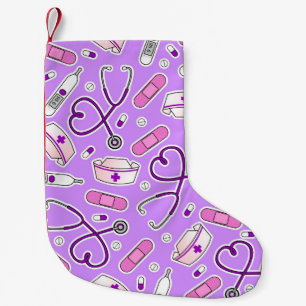 Nurse Love Print Purple Background Small Christmas Stocking