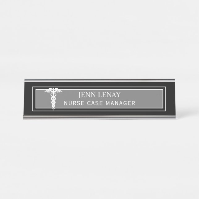Nurse Manager Medical Caduceus Black Grey Custom Desk Name Plate (Front)