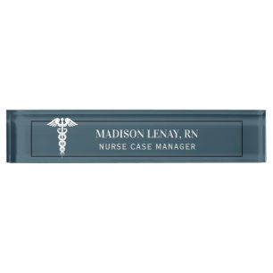 Nurse Manager Medical Caduceus Dusty Blue Custom Nameplate