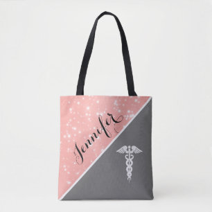Nurse Medical Caduceus Blush Pink Faux Glitter Tote Bag