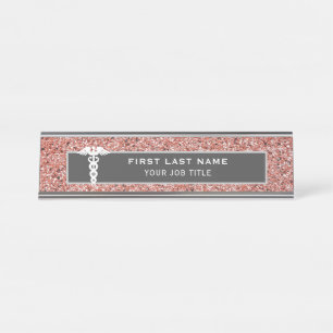 Nurse Medical Caduceus Healthcare Pink Glitter  Desk Name Plate