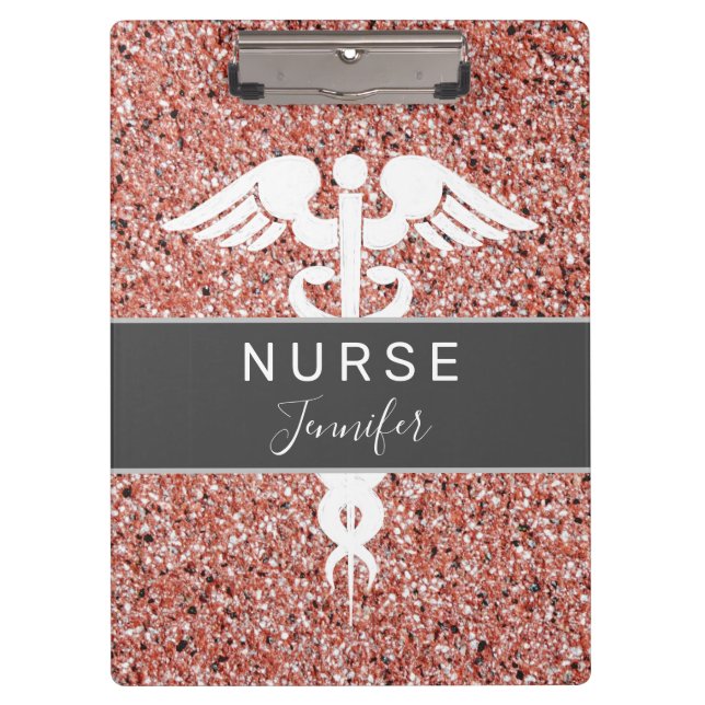 Nurse Medical Caduceus Pink Rose Glitter Name  Clipboard (Front)