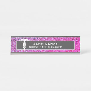 Nurse Medical Caduceus Purple Pink Glitter Custom Desk Name Plate