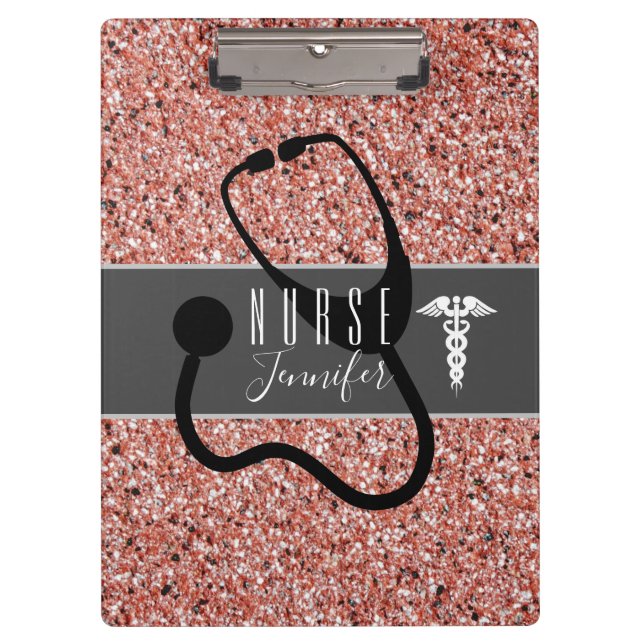 Nurse Medical Caduceus Stethoscope Rose Glitter Clipboard (Front)