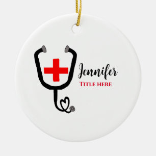 Nurse medical doctor red plus stethoscope add name ceramic ornament