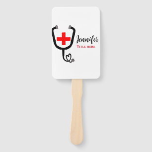 Nurse medical doctor red plus stethoscope add name hand fan