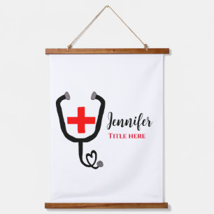 Nurse medical doctor red plus stethoscope add name hanging tapestry