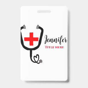 Nurse medical doctor red plus stethoscope add name ID badge