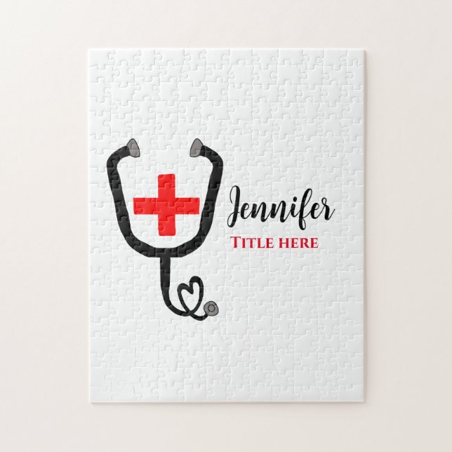 Nurse medical doctor red plus stethoscope add name jigsaw puzzle (Vertical)