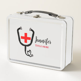 Nurse medical doctor red plus stethoscope add name metal lunch box