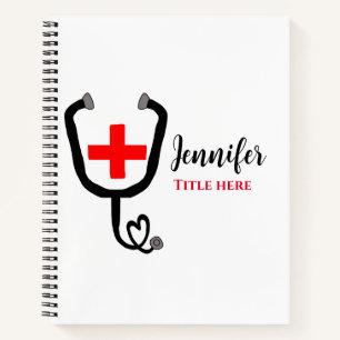 Nurse medical doctor red plus stethoscope add name notebook
