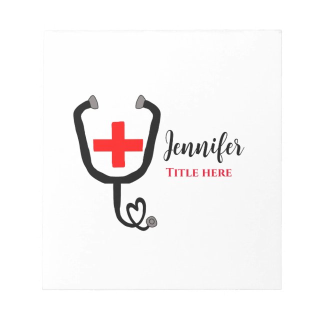 Nurse medical doctor red plus stethoscope add name notepad (Front)