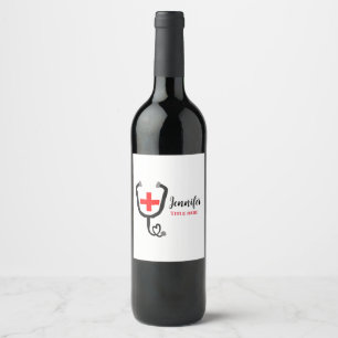 Nurse medical doctor red plus stethoscope add name wine label