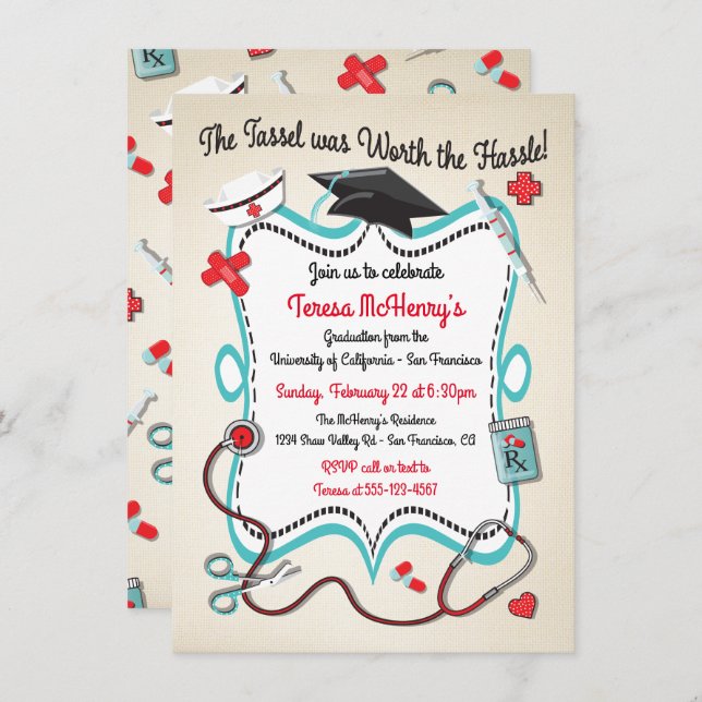 Nurse Medical Graduation Invitation with icons (Front/Back)
