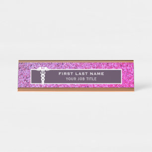 Nurse Medical Pink Purple Glitter Office Desk Name Plate
