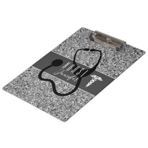 Nurse Medical Stethoscope Silver Glitter Monogram Clipboard