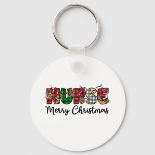 Nurse Merry Christmas Lights Leopard Print Buffalo Key Ring