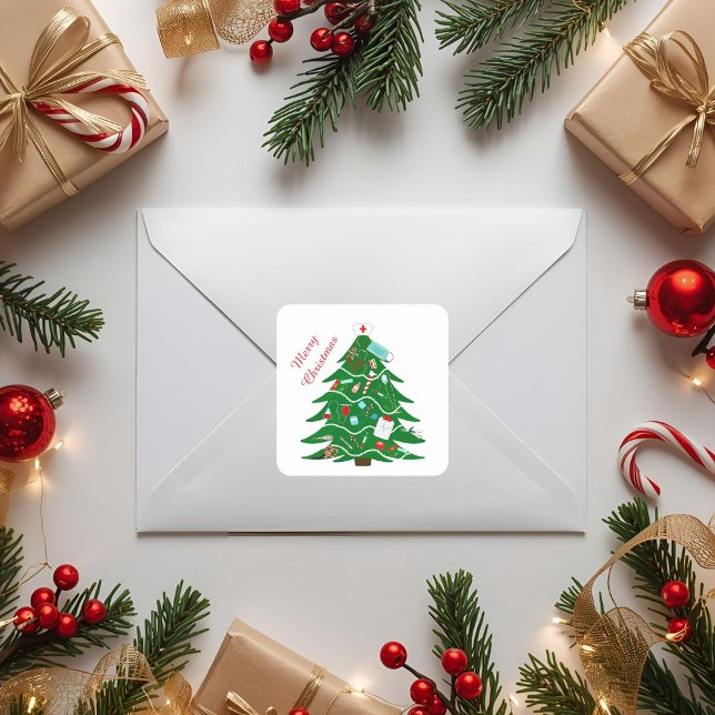 Nurse Merry Christmas Tree Square Sticker (Creator Uploaded)