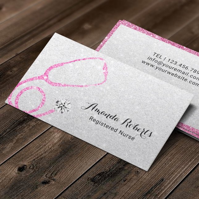 Nurse Modern Silver Pink Glitter Caregiver Business Card (Creator Uploaded)