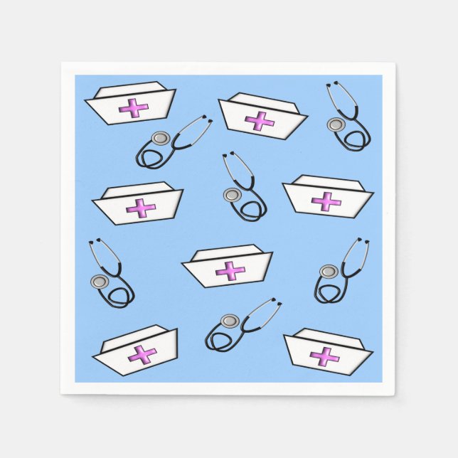 Nurse Napkins Caps and Stethoscopes Blue (Front)