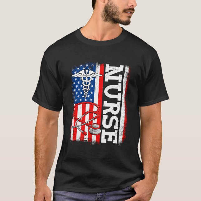 Nurse Nursing American Flag Patriotic 4Th Of July T-Shirt (Front)