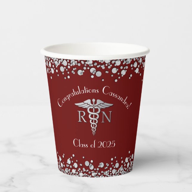 Nurse Nursing School Graduation Maroon Silver Paper Cups (Front)