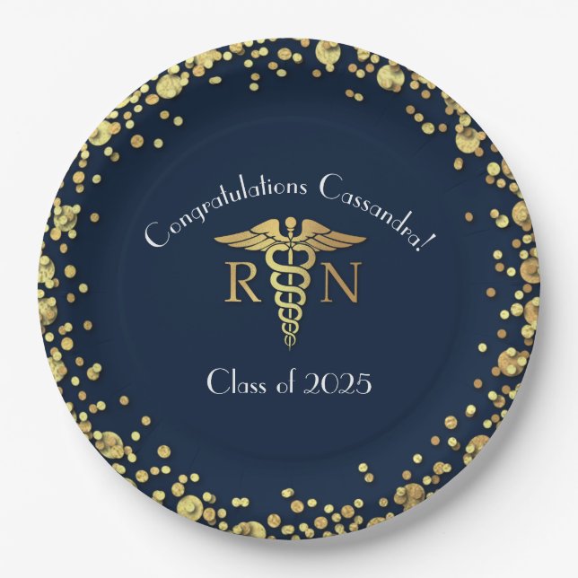 Nurse Nursing School Graduation Navy Blue Gold Paper Plate (Front)