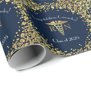 Nurse Nursing School Graduation Navy Blue Gold Wrapping Paper