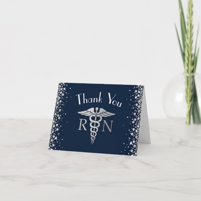 Nurse Nursing School Graduation Navy Blue Silver Thank You Card (Front)