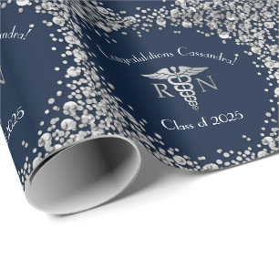 Nurse Nursing School Graduation Navy Blue Silver Wrapping Paper