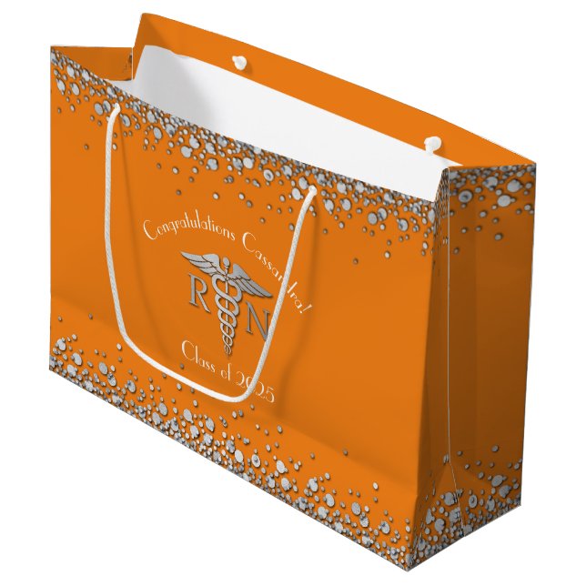 Nurse Nursing School Graduation Orange Silver Large Gift Bag (Front Angled)