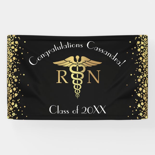 Nurse Nursing School Graduation Party Black Gold Banner (Horizontal)